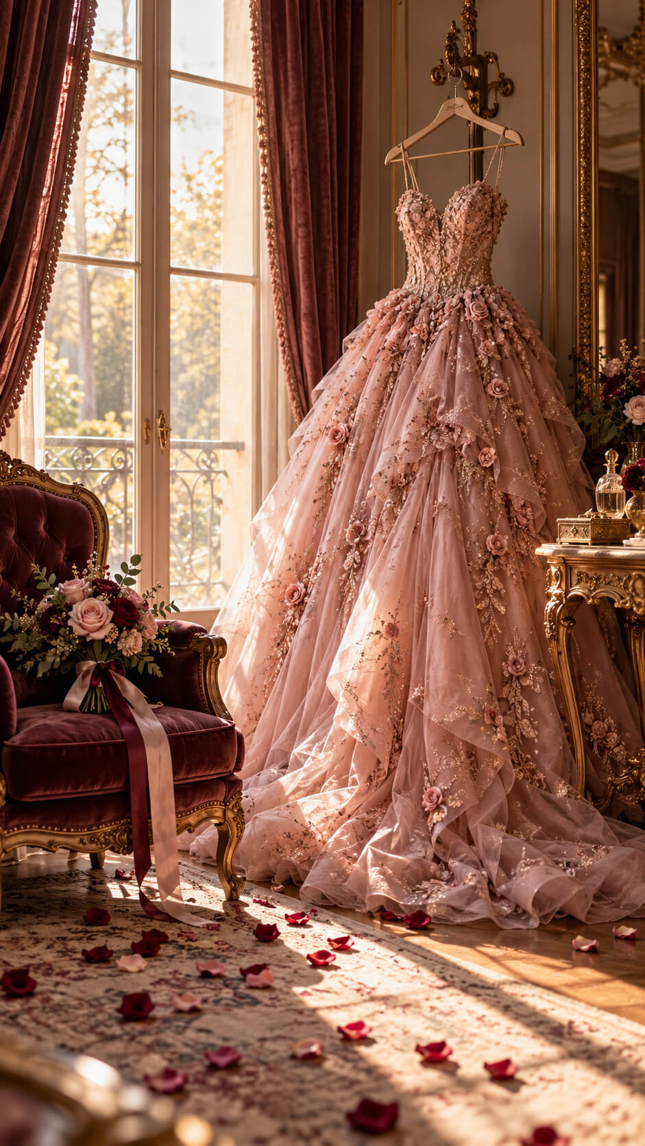 Vestido de debutante rosé em salão iluminado